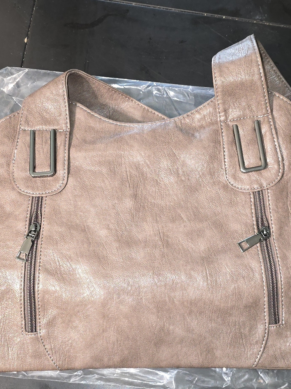 Taupe Shoulder Bag with Dual Zip Accents